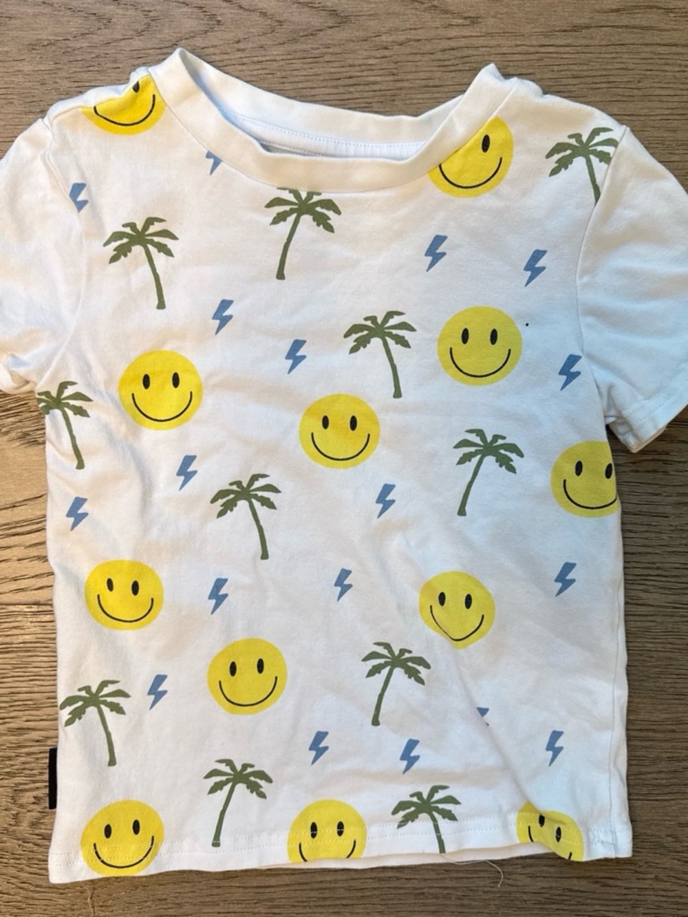 Kids White Short-Sleeve Tee with Yellow Smiley & Green Palm Pattern